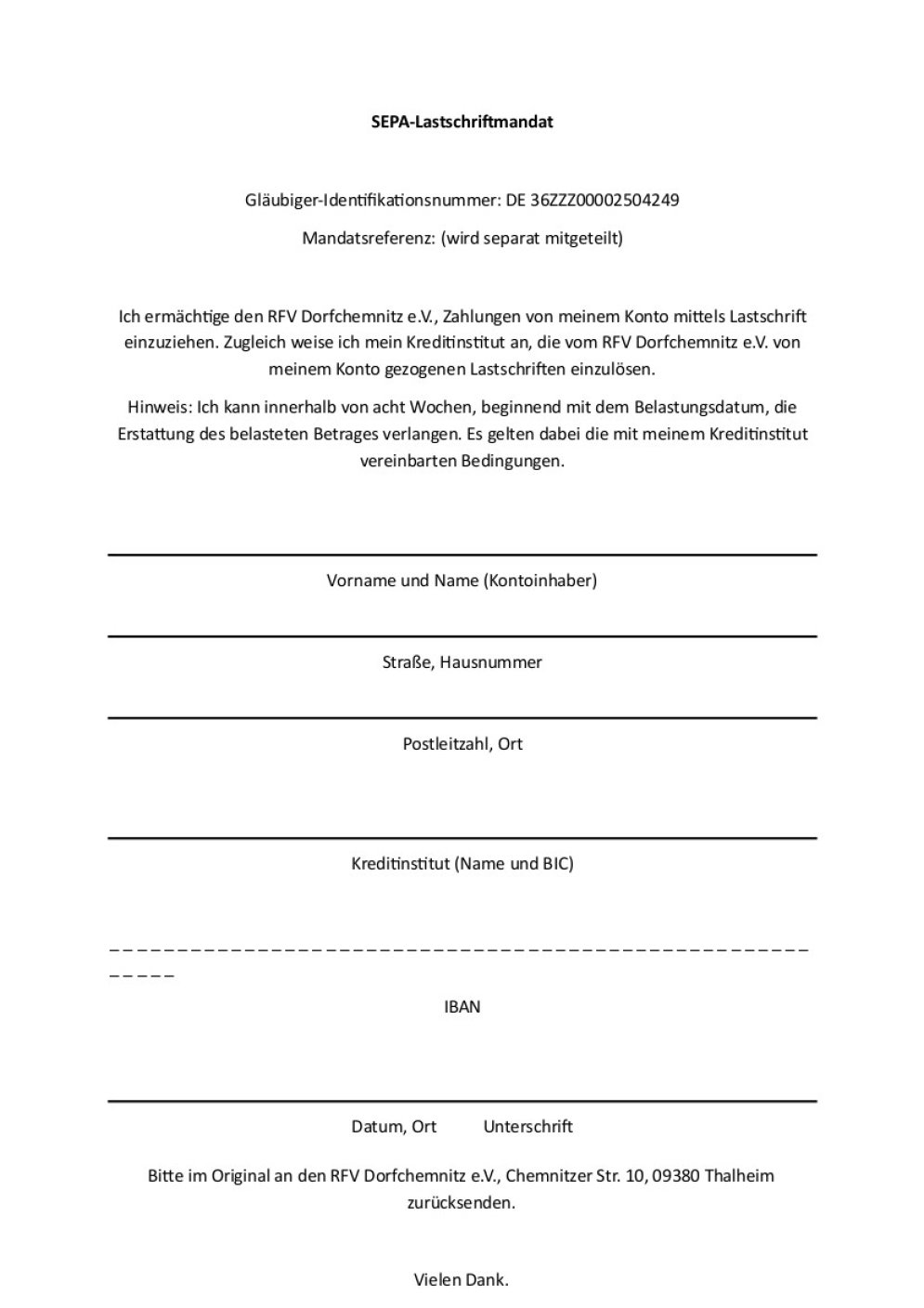 SEPA Mandat Verein